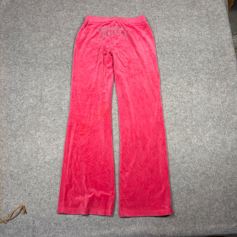 Juicy Couture Pink Velour Rhinestone Logo Track Pants Y2K Wide Leg XS